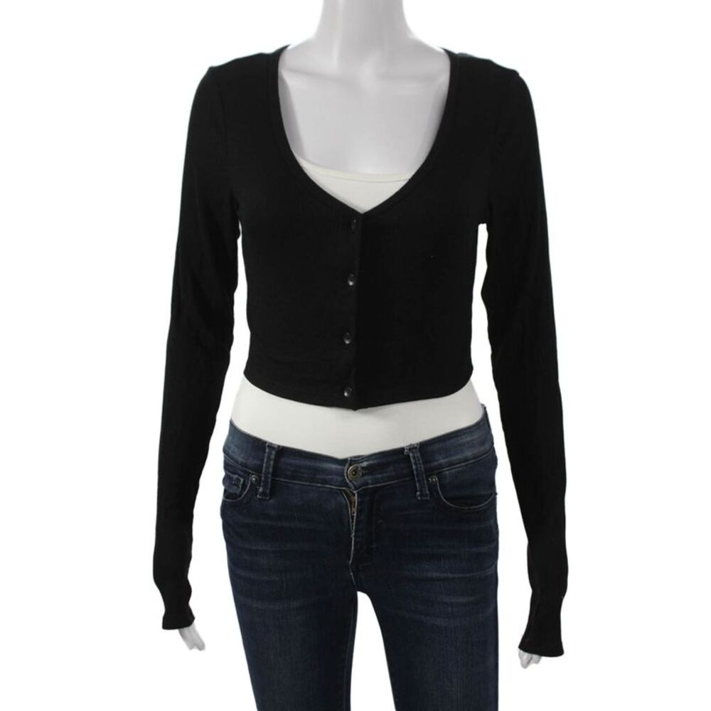 Splits 59 Women Basic V Neck Button Up Black Long Sleeve Sweater Size M